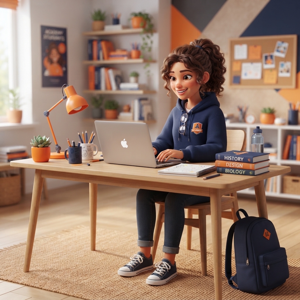Student happily studying with laptop at modern desk at EDUAURA ACADEMY